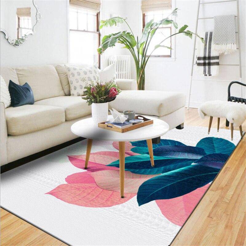 Tapis moderne rectangle à feuilles colorées bleu et rose Anto