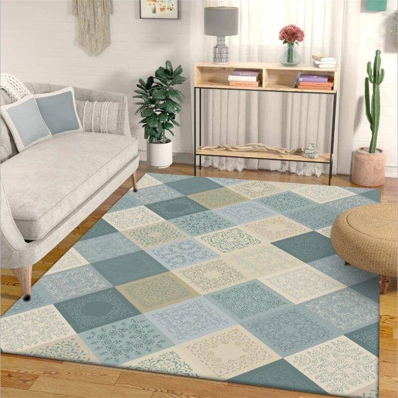 Tapis rectangle carreaux bleus Lattice