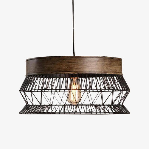 Suspension rétro LED avec disque en bois et cage métal