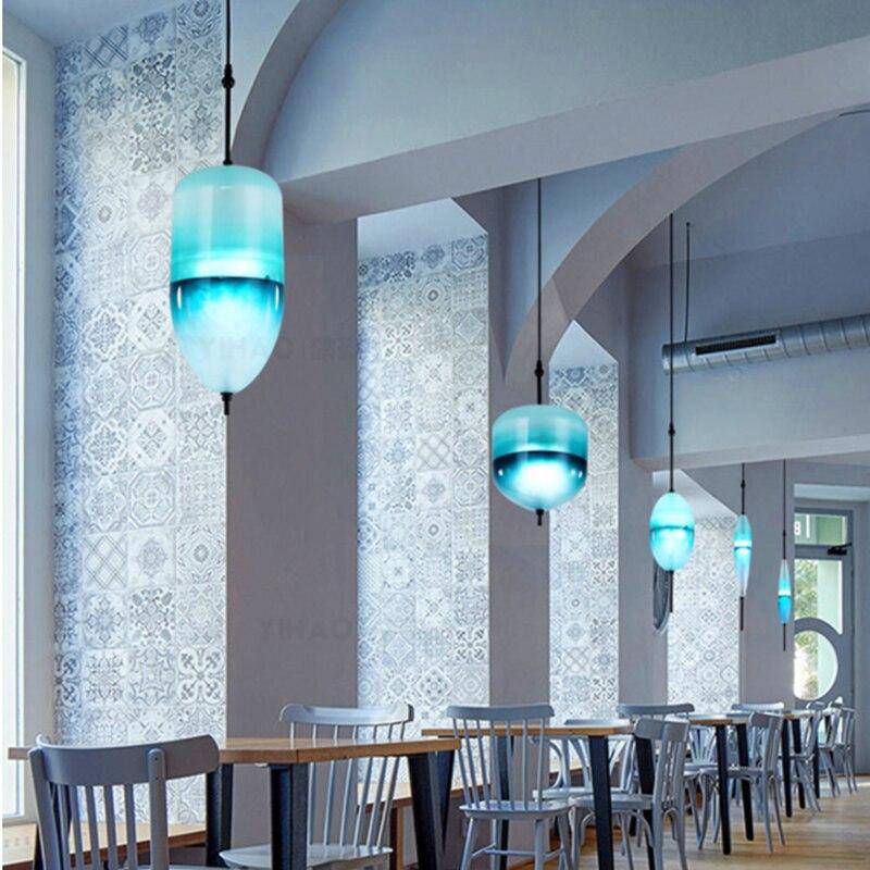 Suspension design LED en verre bleu de plusieurs formes