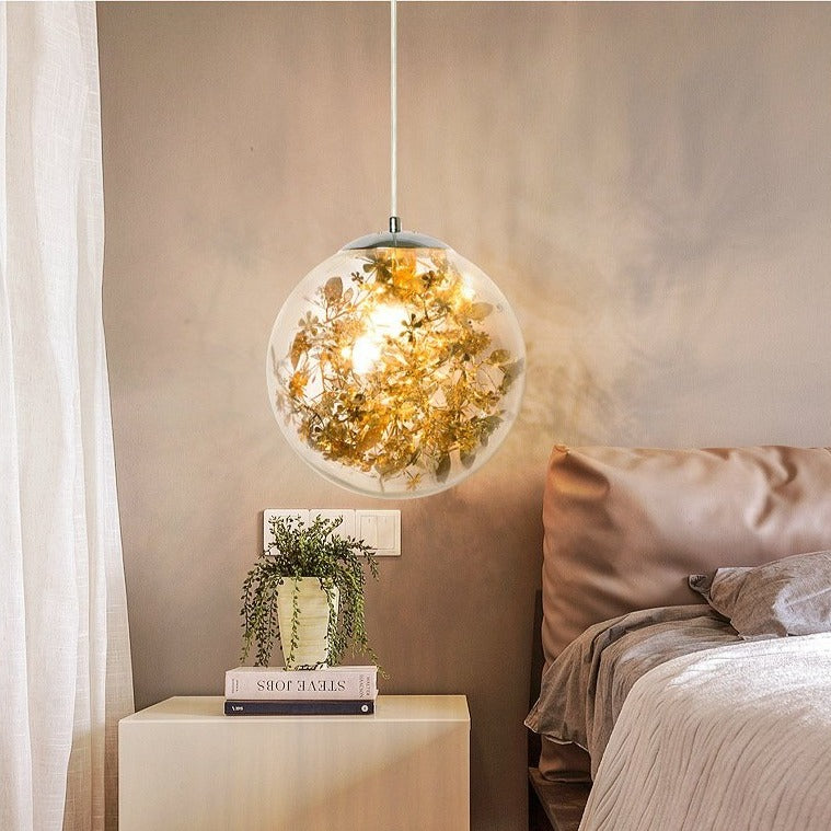 Suspension design LED boule en verre avec feuilles chromées intérieur
