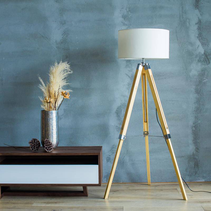 Lampadaire sur pied en tréteaux en bois ajustable avec abat-jour tissu