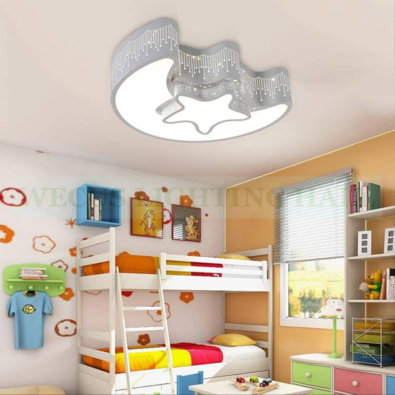 Plafonnier enfant LED en forme de lune et étoile blanc et gris