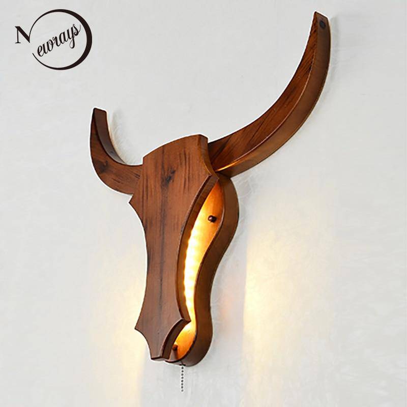 Applique murale LED en bois retro en forme de tête de cerf