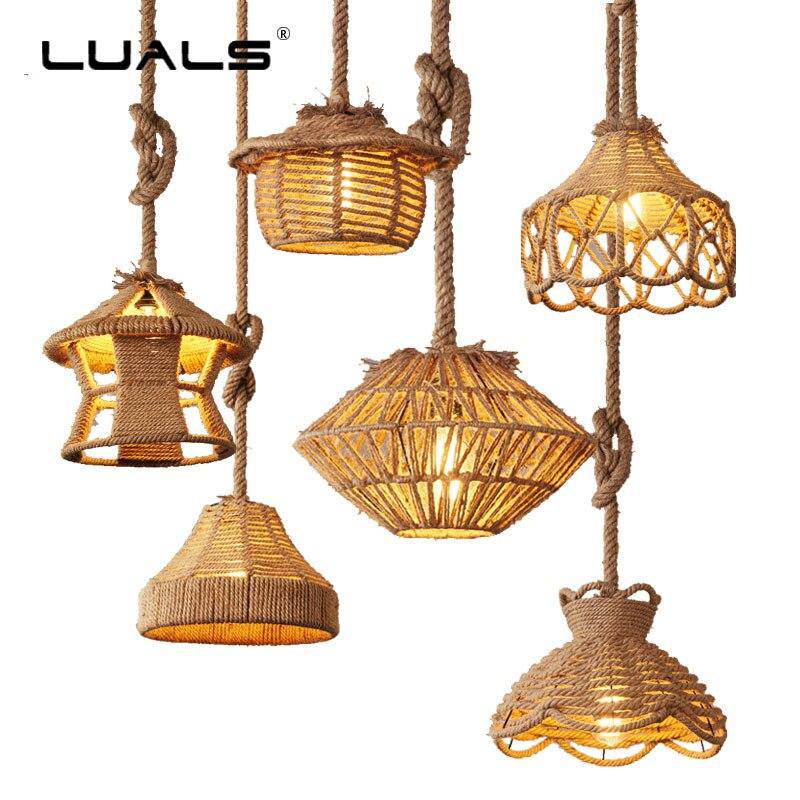 Suspension rustique LED avec abat-jour de plusieurs formes et cordage