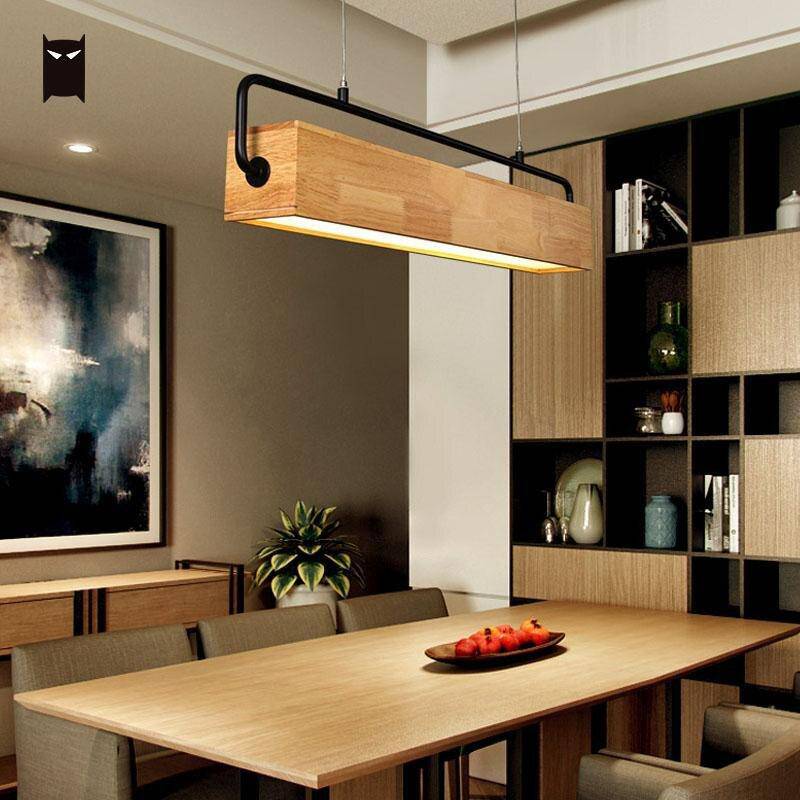 Suspension moderne LED allongée en bois style scandinave