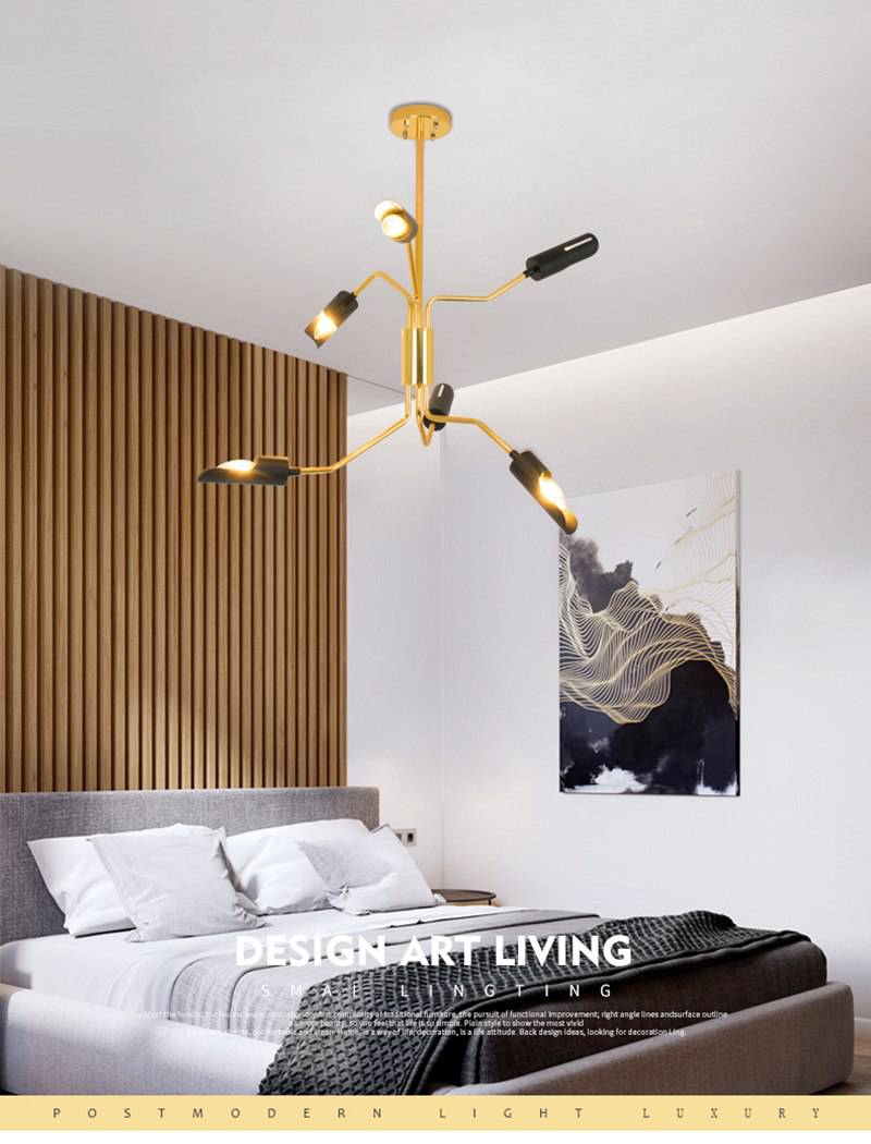 Lustre design à LED avec bras articulés dorés et lampes noires