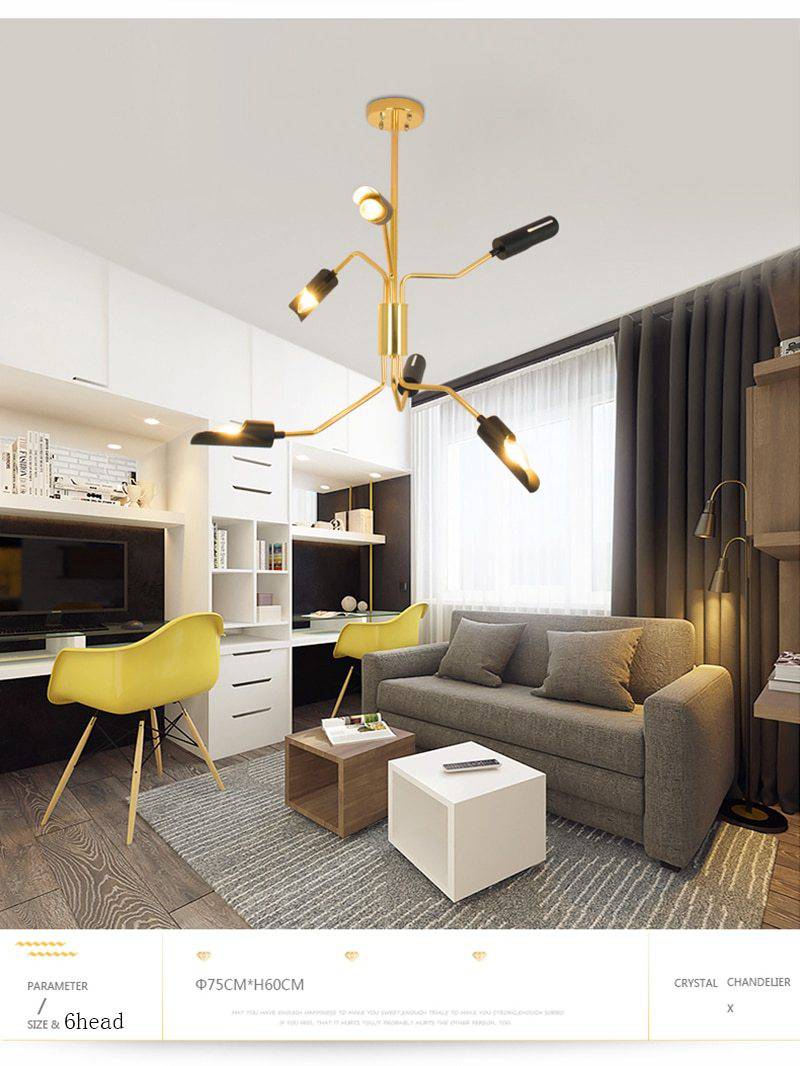 Lustre design à LED avec bras articulés dorés et lampes noires