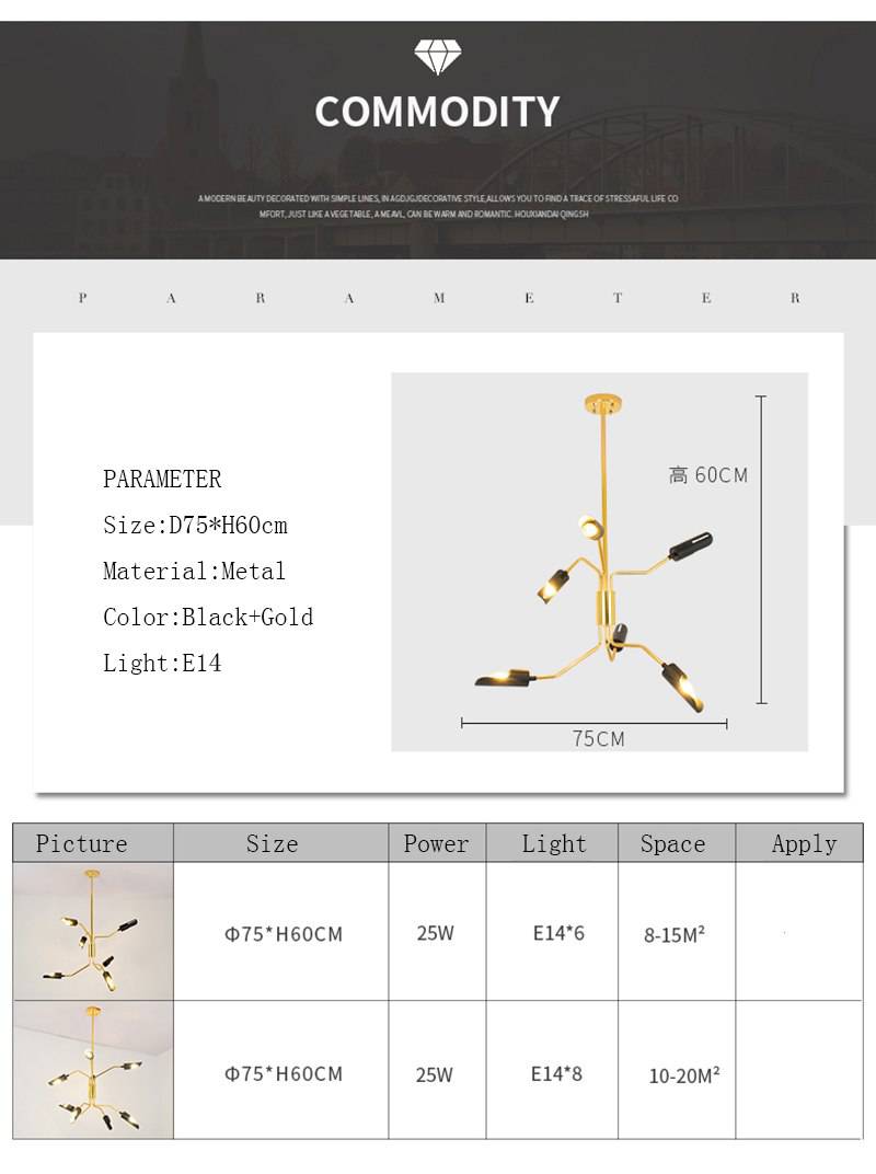 Lustre design à LED avec bras articulés dorés et lampes noires