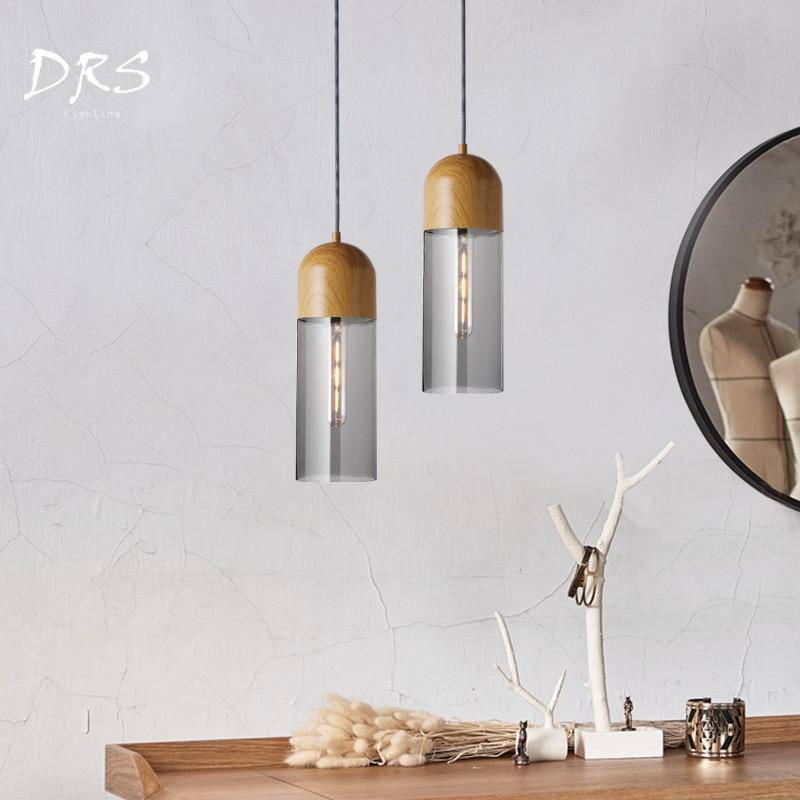 Suspension LED cylindrique en bois et verre Loft