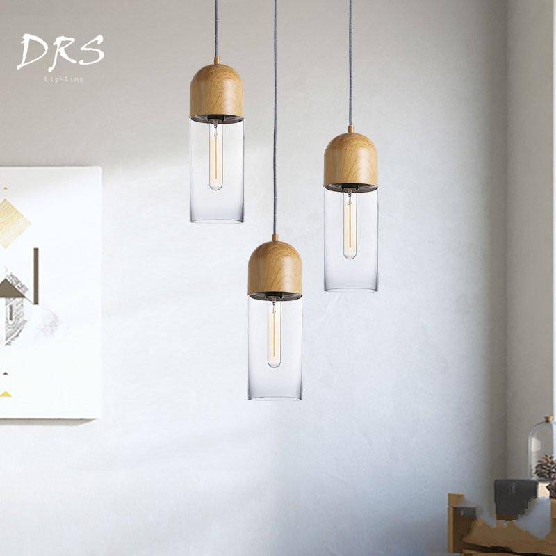 Suspension LED cylindrique en bois et verre Loft