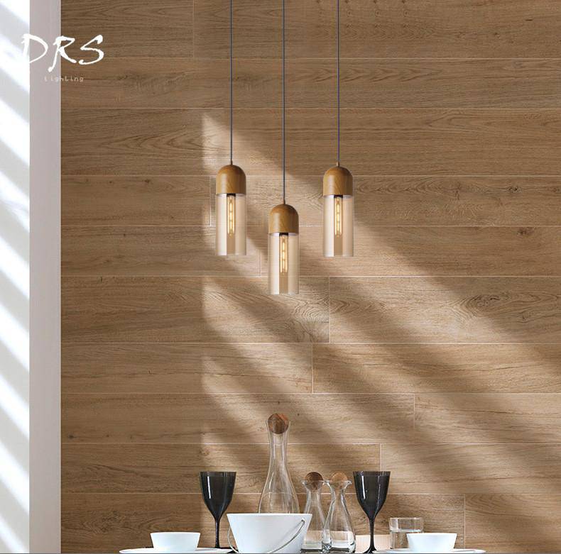Suspension LED cylindrique en bois et verre Loft