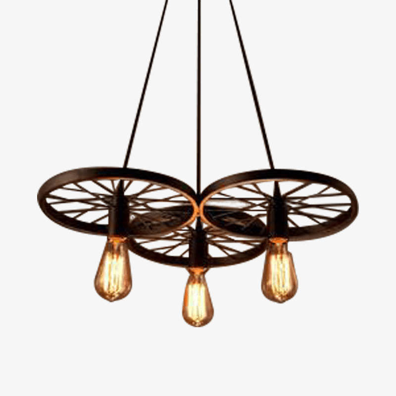Suspension antique et rustique en forme de roue avec lampes apparantes