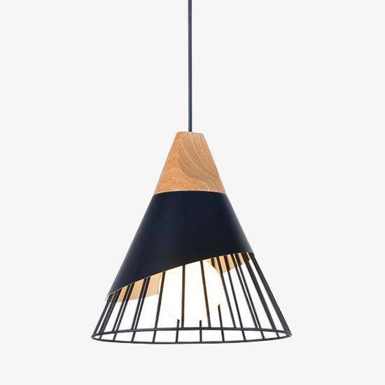 Suspension conique cage en métal et support en bois
