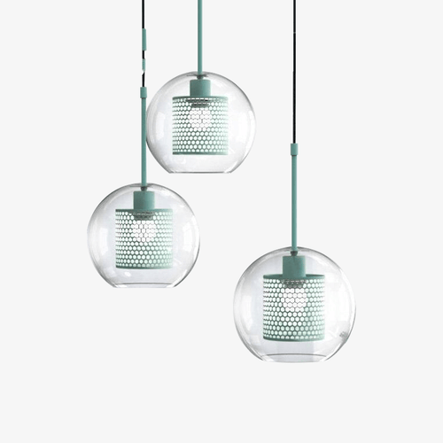 Suspension design à LED cage dans boule en verre