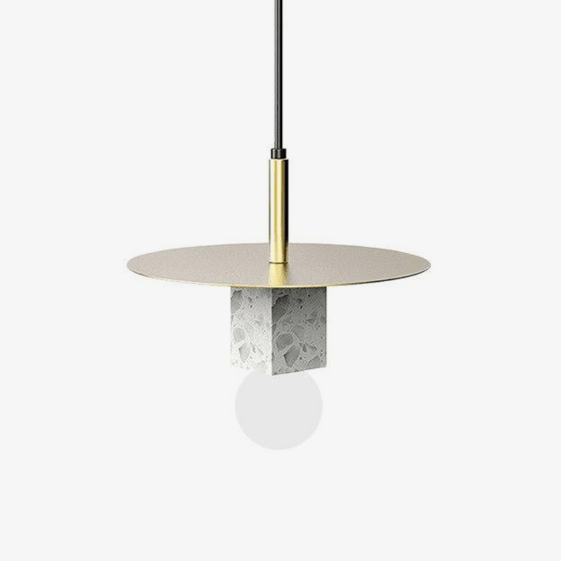 Suspension design LED avec cube en marbre et disque doré