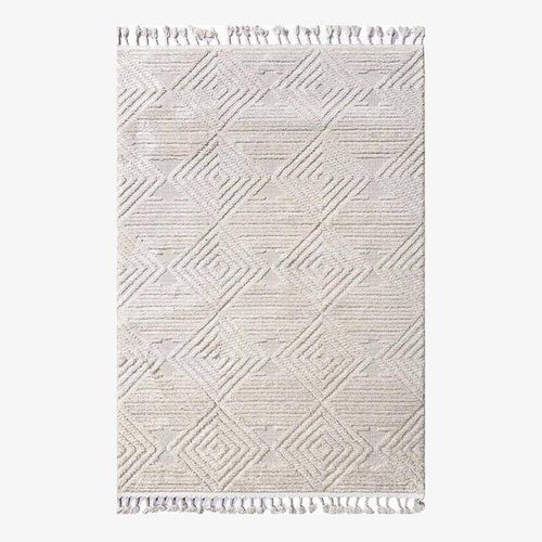 Tapis rectangle berbère blanc à motifs carreaux en relief et franges