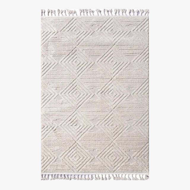 Tapis rectangle berbère blanc à motifs carreaux en relief et franges