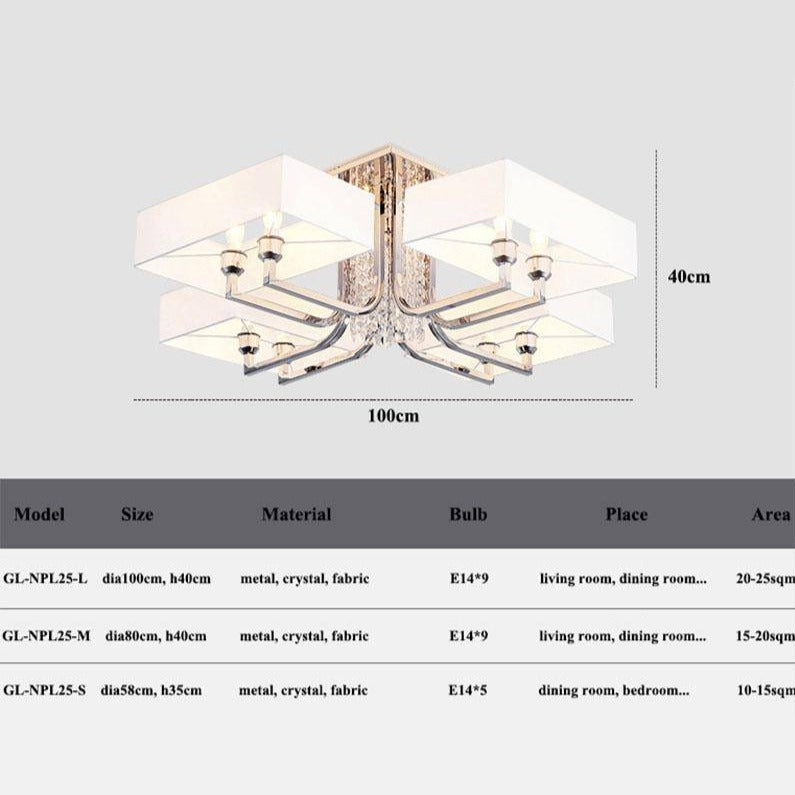 Lustre design chromé en cristal et verre avec grand abat-jour Luxe