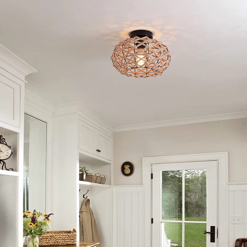 Plafonnier Chanvre Corde Plafonnier Fer Tressage À La Main Rustique Rétro Pour La Décoration De Salle À Manger - vue 4 sur 7