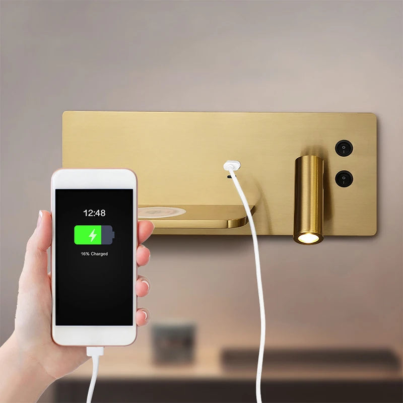 USB LED charge sans fil applique murale or luxe lecture applique murale maison hôtel chambre salon multi-fonction avec interrupteur - vue 3 sur 13
