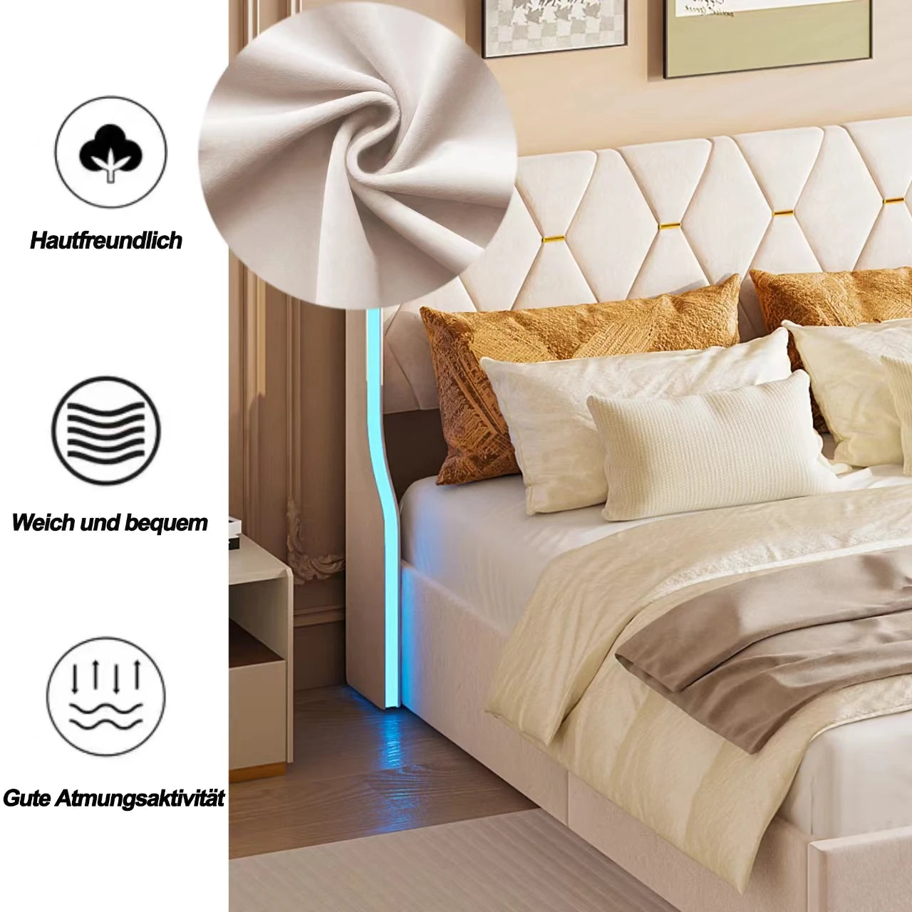 160x200 storage bed with slatted base, Bedside wing lights, Double bed，Hydraulic type, velvet fabric, beige - vue 5 sur 6
