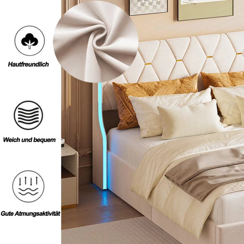 160x200 storage bed with slatted base, Bedside wing lights, Double bed，Hydraulic type, velvet fabric, beige - vue 6 sur 6