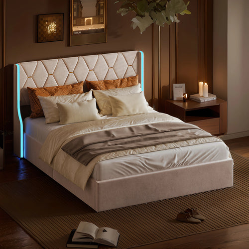 160x200 storage bed with slatted base, Bedside wing lights, Double bed，Hydraulic type, velvet fabric, beige - vue 5 sur 6