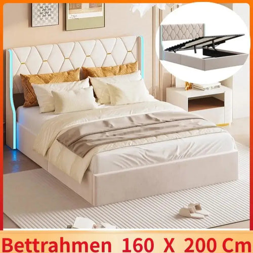 160x200 storage bed with slatted base, Bedside wing lights, Double bed，Hydraulic type, velvet fabric, beige - vue 2 sur 6