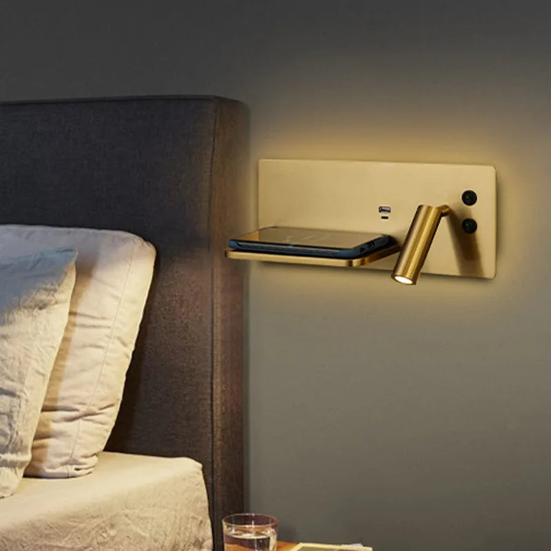 USB LED charge sans fil applique murale or luxe lecture applique murale maison hôtel chambre salon multi-fonction avec interrupteur - vue 4 sur 13
