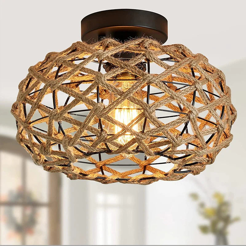Plafonnier Chanvre Corde Plafonnier Fer Tressage À La Main Rustique Rétro Pour La Décoration De Salle À Manger - vue 3 sur 7