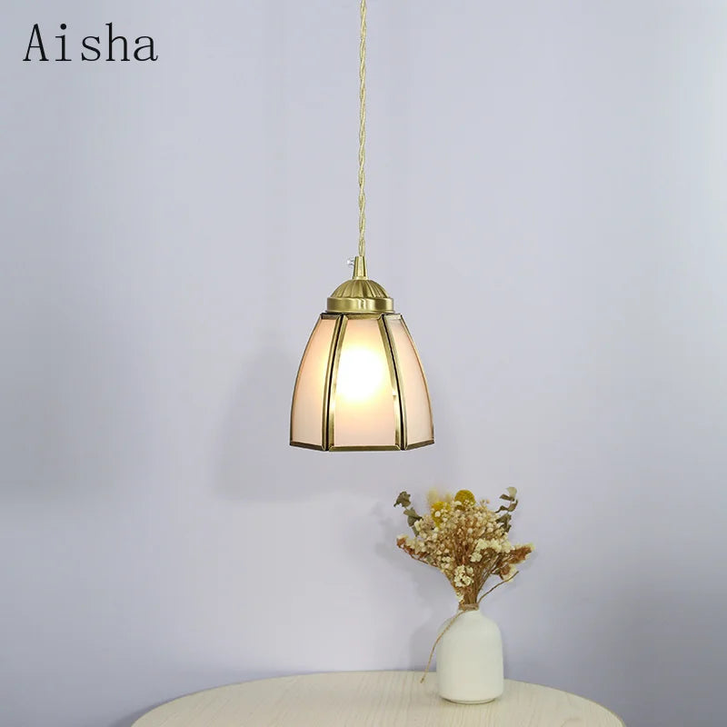 suspension vintage en verre japonais et cuivre design nordique - vue 3 sur 10