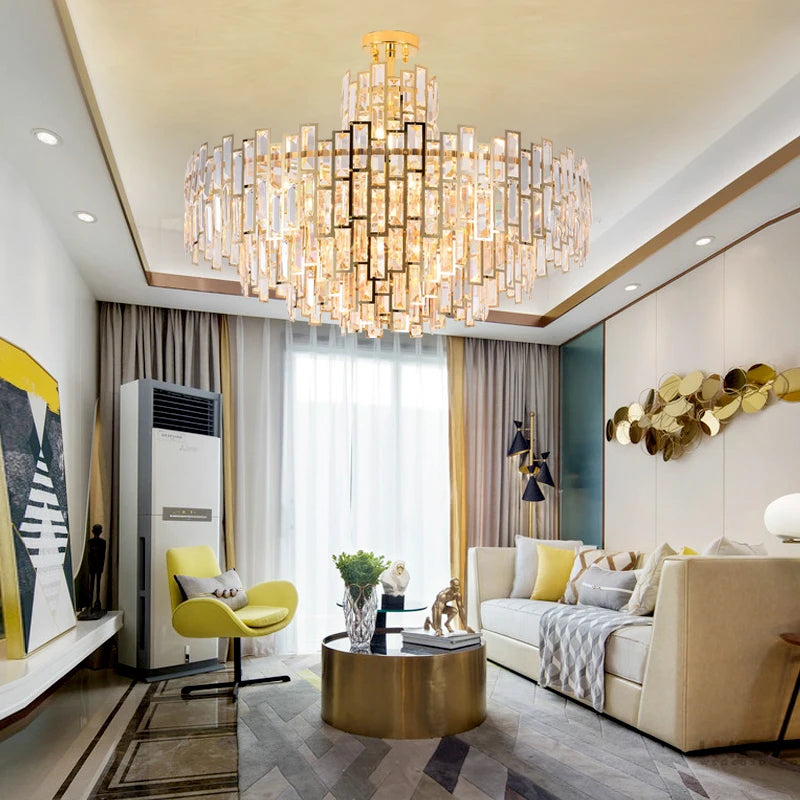 lustre design led moderne en cristal argenté et doré suspendu - vue 6 sur 13