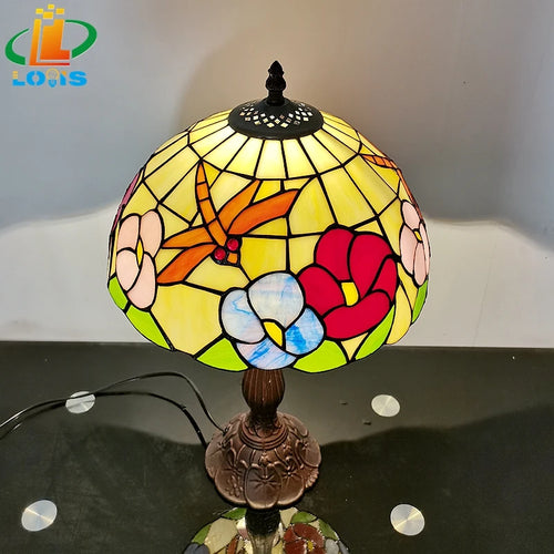 lampe de table style tiffany avec fleurs et libellules décorative - vue 4 sur 6