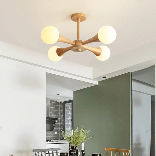 lustre moderne en bois avec abat-jour en verre