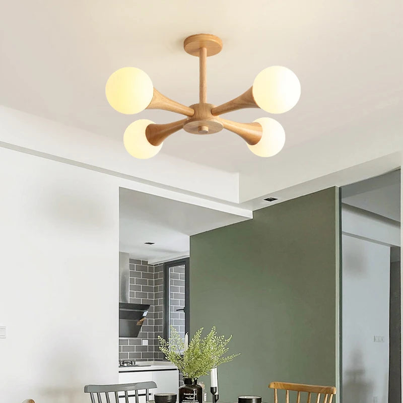 lustre moderne en bois avec abat-jour en verre - vue 4 sur 9