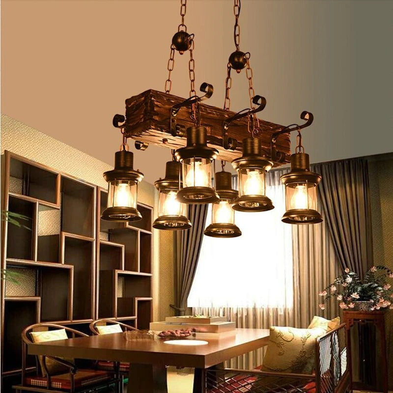 lustre vintage led en bois massif pour loft décoratif