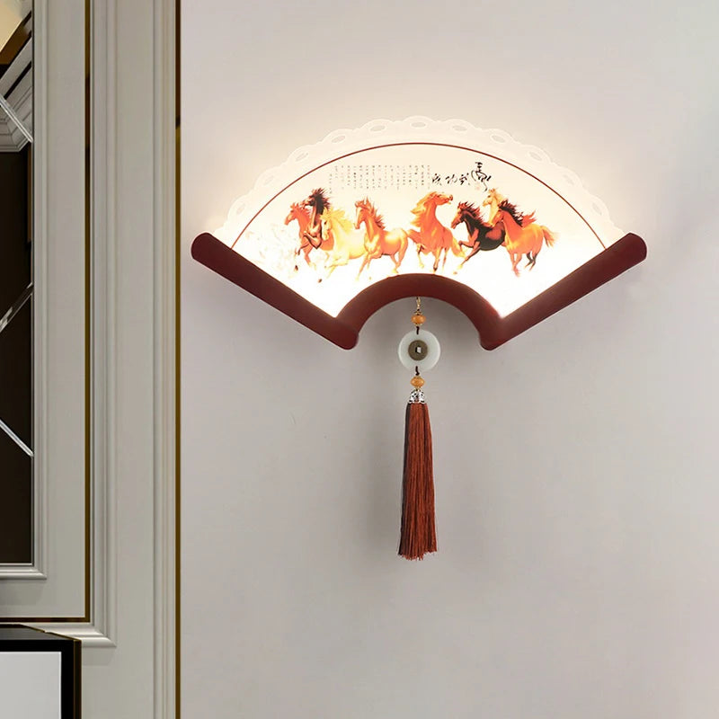 applique murale en bois éventail à led design rétro asiatique décoratif - vue 3 sur 18