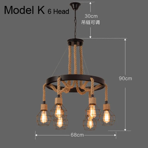 Vintage hemp rope chandelier with iron lampshade for bars and cafés - vue 20 sur 28