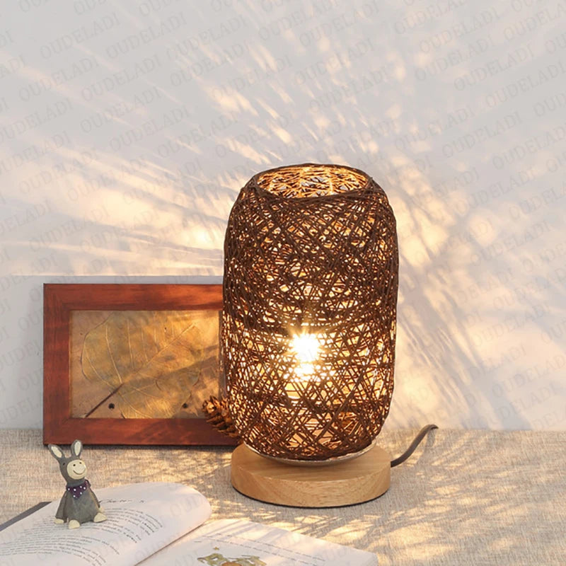 lampe à poser en rotin base bois décoration intérieure moderne - vue 4 sur 8