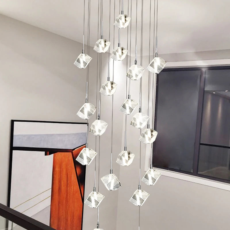 lustre en cristal carré moderne pour escalier et restaurant - vue 4 sur 14