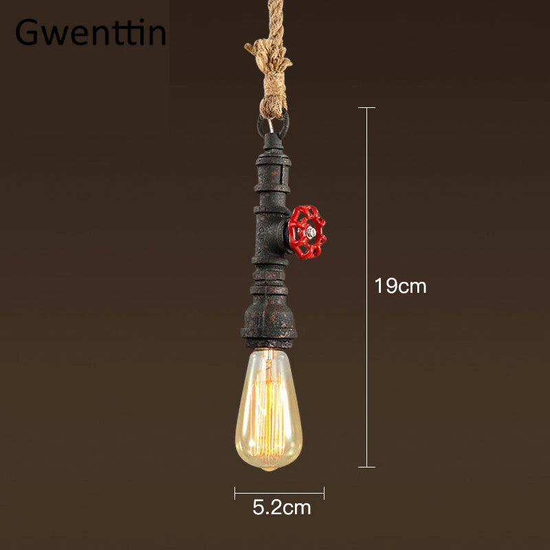 Vintage steampunk pendant light in industrial pipe and hemp rope - vue 10 sur 11