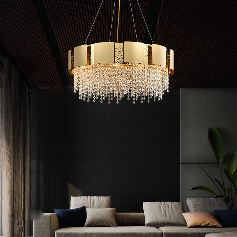 lustre en acier inoxydable à led avec cristal doré - vue 7 sur 16
