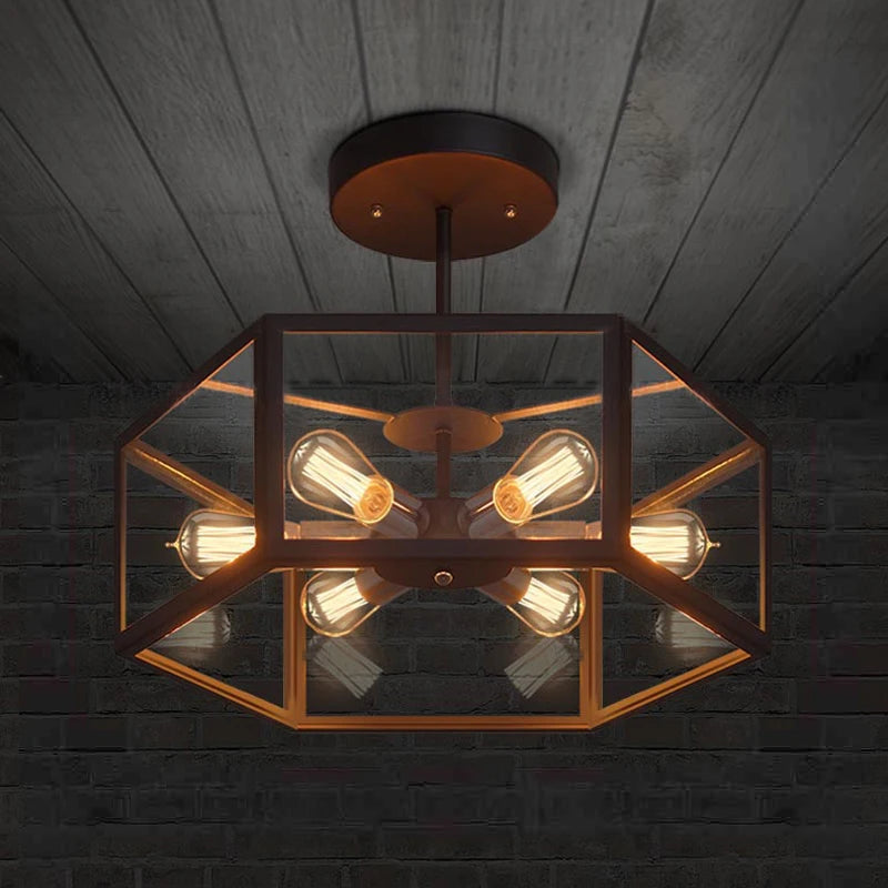 plafonnier hexagonal en verre style rétro pour café bar restaurant - vue 3 sur 6