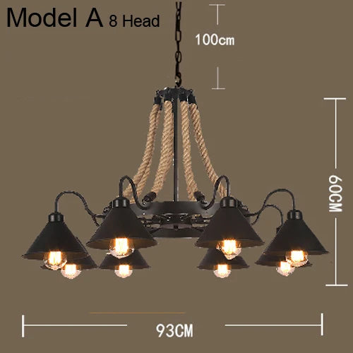 Vintage hemp rope chandelier with iron lampshade for bars and cafés - vue 12 sur 28