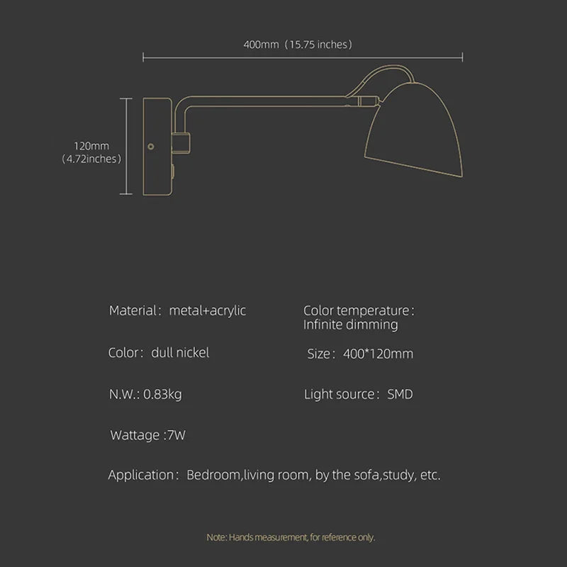 Applique murale led nickel interrupteur tactile réglable rotative