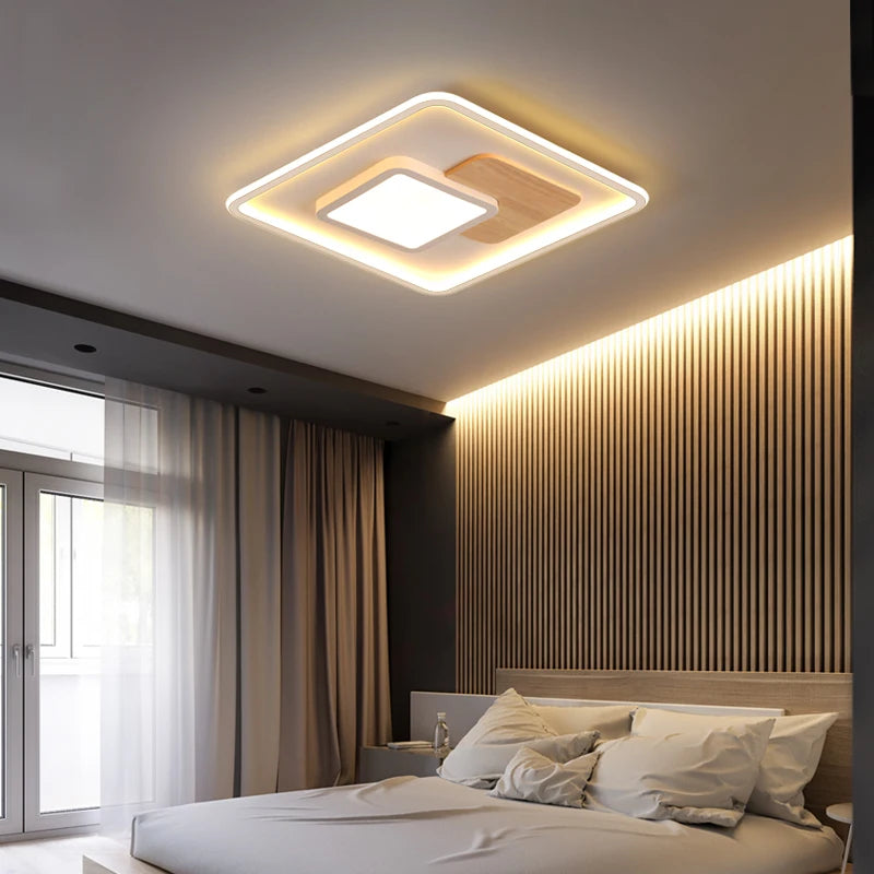 plafonnier rond moderne en bois véritable avec leds décoratives - vue 5 sur 16