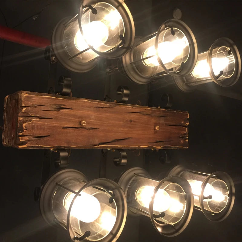 lustre vintage loft en bois avec suspension LED - vue 5 sur 28