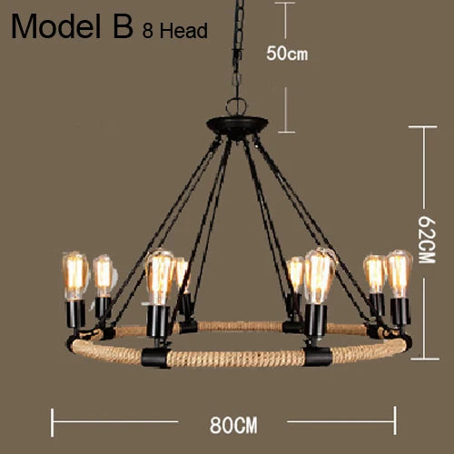 Vintage hemp rope chandelier with iron lampshade for bars and cafés - vue 8 sur 28