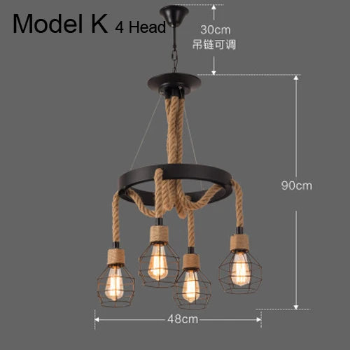 Vintage hemp rope chandelier with iron lampshade for bars and cafés - vue 19 sur 28